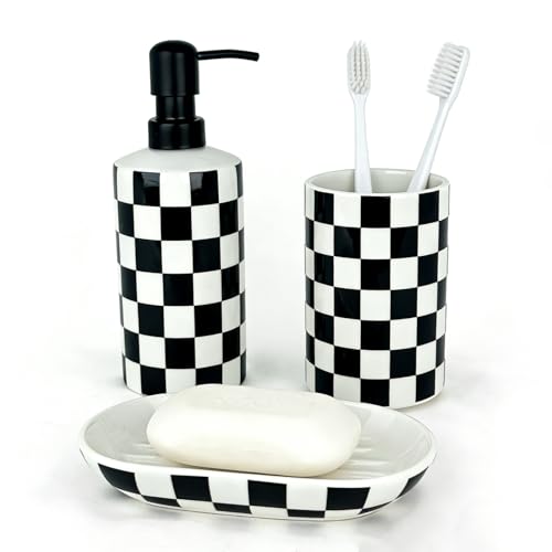 Bathroom Toothbrush Holder Set, Ceramic Soap Dispenser and Tooth Brush Holder and Soap Dish Set, Bathroom Accessories Sets Countertop, Black and White Checkered Bathroom Decor Set - color: Black and White