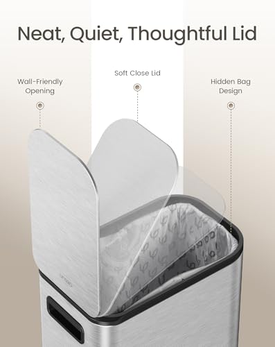 Cesun Small Bathroom Trash Can with Lid Soft Close & Pedal, 1.3 Gal, Silver | Removable Inner Bucket, Slim Stainless Steel Garbage Can for Bedroom/Office, Included 5 Trash Bags, Hidden Bag, Built to Last - color: Silver