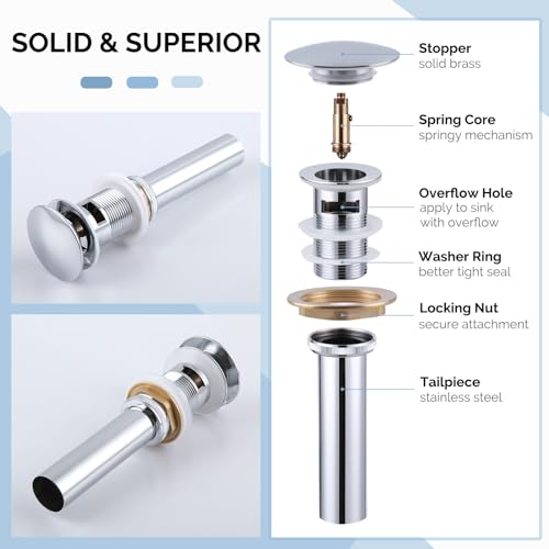 Angle Simple Bathroom Sink Drain, Pop Up Stopper with Overflow Hole, Chrome | Brass Sink Stopper with Stainless Steel Tailpiece, Fit 1.61 to 2 Inches Diameter of Drain Hole - color: Chrome