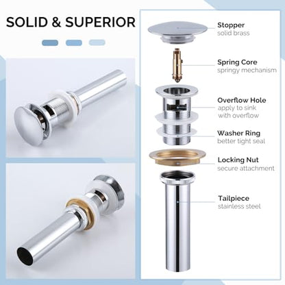 Angle Simple Bathroom Sink Drain, Pop Up Stopper with Overflow Hole, Chrome | Brass Sink Stopper with Stainless Steel Tailpiece, Fit 1.61 to 2 Inches Diameter of Drain Hole - color: Chrome