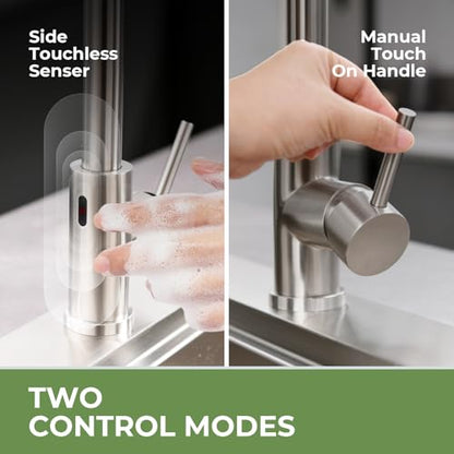 VFAUOSIT Touchless Kitchen Faucet with Pull Down Sprayer, Brushed Nickel | 3 Spray Modes, cUPC/CEC Certified, SUS304 Steel, Fingerprint-Resistant Finish, Ceramic Disc Valve, Single-Handle Control - color: Brushed Nickel-03