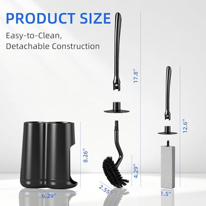 Toilet Brush and Holder Set with Pumice Stone Toilet Bowl Cleaner | Long-handle Scrubber with Ventilated Holder and Pumice Stone for Hard Water Stains, Limescale and Toilet Rings - color: Black