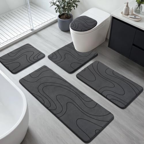 Bathroom Rugs Sets 5 Piece - Thick Memory Foam Bath Mat, Dark Grey | Ultra Soft, Extra Thick, Super Absorbent, Non Slip, Machine Washable, For Bathroom Floor & Tub, 5 Pieces - color: Dark Grey, size: 1'8" x 3'10" (5 Pieces)