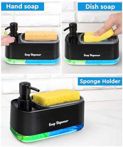 Hand and Dish Soap Dispenser Set for Kitchen, Dual Soap Dispenser with Sponge Holder, 3-in-1 Countertop Soap Pump Dispenser for Kitchen Sink, Useful Kitchen Gadgets - Black - color: Black