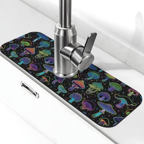 Cool Mushroom Mushrooms Kitchen Sink Splash Guard Faucet Mat Super Absorbent Fast Drying Mat Sink Gadgets-Fast Drying Pad Sink Mat For Kitchen Bathroom (15" X 5.5" ) - color: Cool Mushroom