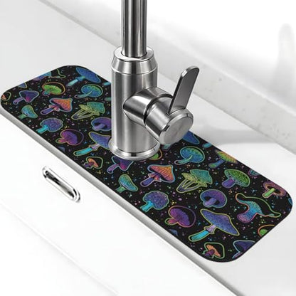 Cool Mushroom Mushrooms Kitchen Sink Splash Guard Faucet Mat Super Absorbent Fast Drying Mat Sink Gadgets-Fast Drying Pad Sink Mat For Kitchen Bathroom (15" X 5.5" ) - color: Cool Mushroom