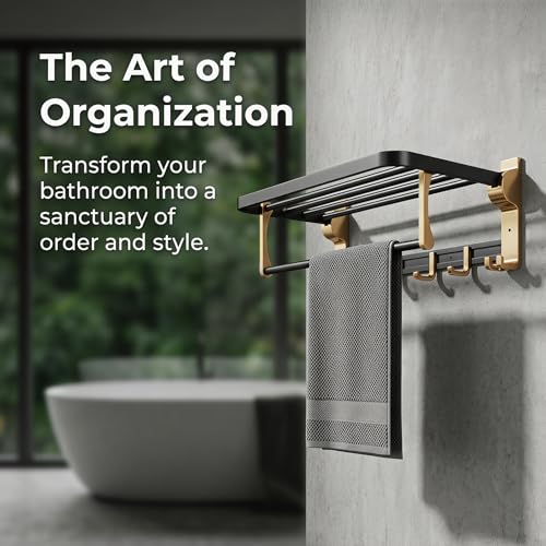 Towel Storage for Small Bathroom、 24 inch Towel Rack，Bath Towel Holder， Foldable Towel Rack with 7 Hooks, Bathroom and Toilet wall Mounted Towel Rack Made of Aviation Aluminum (Luxury Black Gold)