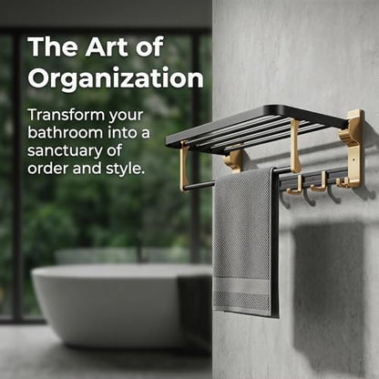 Towel Storage for Small Bathroom、 24 inch Towel Rack，Bath Towel Holder， Foldable Towel Rack with 7 Hooks, Bathroom and Toilet wall Mounted Towel Rack Made of Aviation Aluminum (Luxury Black Gold)