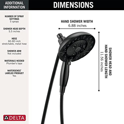 Delta Faucet 5-Spray In2ition Dual Shower Head with Handheld Spray, H2Okinetic Matte Black Shower Head with Hose, Showerheads, Handheld Shower Heads, Magnetic Docking, Matte Black 58480-BL-PK - color: Matte Black