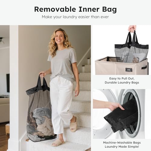 SOLEDI 180L Double Laundry Hamper with Lid and 2 Side Pockets, Dual Hamper | 2 Section Laundry Basket, Removable & Washable Laundry Bags, 180L Large Capacity, for Bedroom, Bathroom, Laundry Room, Dorm - color: Light taupe
