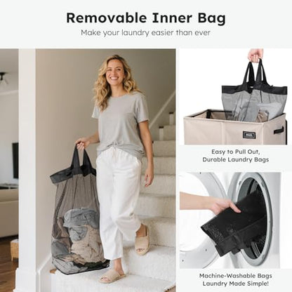 SOLEDI 180L Double Laundry Hamper with Lid and 2 Side Pockets, Dual Hamper | 2 Section Laundry Basket, Removable & Washable Laundry Bags, 180L Large Capacity, for Bedroom, Bathroom, Laundry Room, Dorm - color: Light taupe