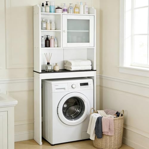 ZENY Over The Toilet Storage Cabinet, Bathroom Organizer with Adjustable Shelf and Double Doors, Freestanding Bathroom Space Saver Toilet Rack (White) - color: White