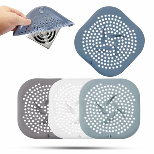 5.9" Square Drain Cover with Suction Cups, Hair Catcher, 4 Pack | For Shower, Bathroom & Sink, Flat Design with Suction Cups, Helps Keep Drains Clear