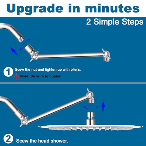 12 Inch Shower Head with Adjustable Extension Arm, Stainless Steel Rainfall Showerhead with Shower Arm Extender, Waterfall fixed Showerheads, Chrome