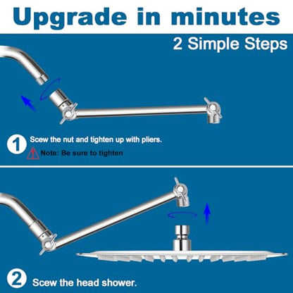 12 Inch Shower Head with Adjustable Extension Arm, Stainless Steel Rainfall Showerhead with Shower Arm Extender, Waterfall fixed Showerheads, Chrome
