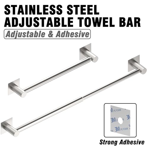 Towel Bar, Self-Adhesive Towel Racks for Bathroom, Brushed Nickel | Adjustable 13 to 23.6 Inch Stick on Towel Rod, 304 Stainless Steel Towel Holder, Rustproof, Square Base, No Drill, Modern - color: Brushed Nickel, size: Self-Adhesive