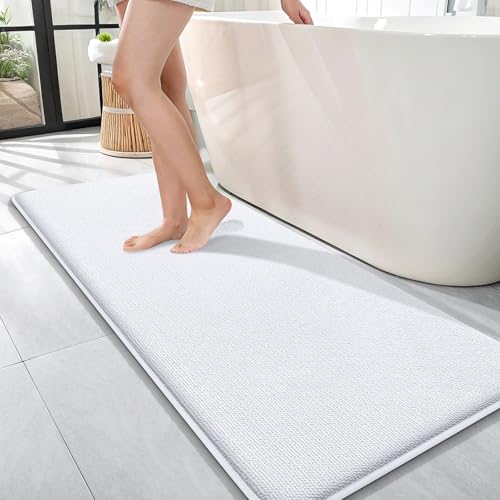 OLANLY Memory Foam Bathroom Runner Rugs 47x17, Absorbent Long Mat, White | Soft Quick Dry Bath Rugs, Non-Slip Carpet, Machine Washable Mat for Bathroom Floor, Tub and Shower, Home Decor Accessories - color: White, size: 47" X 17"