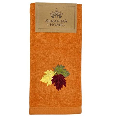 Serafina Home Fall Hand Towels: Farmhouse Terracotta Rust with Autumn Leaves of Burgundy Green and Yellow Design, 100% Cotton, 2 Piece Set, 16" x 25" - color: Leaves