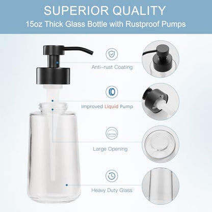 Glass Soap Dispenser 16oz Liquid Hand Soap Dispenser Matte Black | Large Capacity, Liquid Soap Pump(No foaming), with Rust Proof Pump Waterproof Labels, Hand Soap for Bathroom, Kitchen, 2 Sets - color: Matte Black