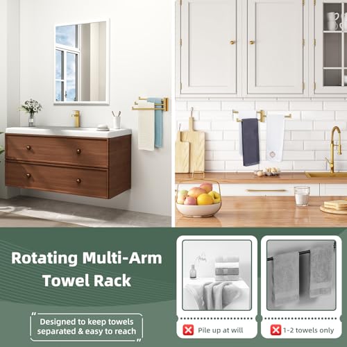 Aomasi Brushed Gold Swivel Towel Bar with Multi 3 Arms, 304 Stainless Steel | Rust-resistant Pivoting Drying Rack for Bathroom Kitchen RV, 180° Swing Arms, Hold Multiple Towels, Space-saving Wall Mounted - color: Brushed Gold