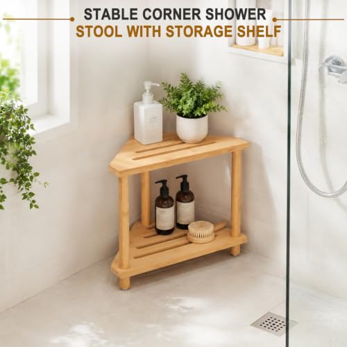 2-Tier Bamboo Corner Shower Caddy, Multifunctional Shower Stool Storage Shelf for Bathroom Kitchen Bedroom