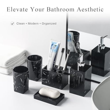 5 Piece Bathroom Accessories Set, Marble Resin Bathroom Vanity Set, Soap Dispenser, Toothbrush Holder, Soap Dish & 2 Tumblers, Bathroom Countertop Organizer Set (Ink Black) - color: Ink Black