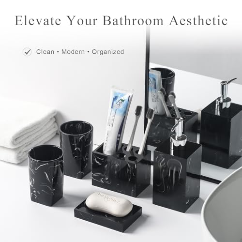 5 Piece Bathroom Accessories Set, Marble Resin Bathroom Vanity Set, Soap Dispenser, Toothbrush Holder, Soap Dish & 2 Tumblers, Bathroom Countertop Organizer Set (Ink Black) - color: Ink Black