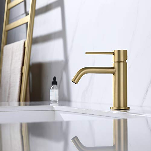 Brushed Gold Bathroom Faucet, Single Handle Brass Sink Faucet Bathroom Single Hole with Pop Up Sink Drain Assembly and Water Faucet Supply Lines | cUPC NSF Lead-Free Bathroom Sink Faucet Single Handle with Pop Up Drain & Supply Lines, 1 Handle Matte Gold