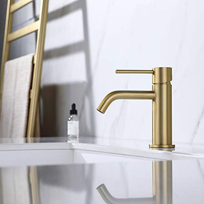 Brushed Gold Bathroom Faucet, Single Handle Brass Sink Faucet Bathroom Single Hole with Pop Up Sink Drain Assembly and Water Faucet Supply Lines | cUPC NSF Lead-Free Bathroom Sink Faucet Single Handle with Pop Up Drain & Supply Lines, 1 Handle Matte Gold