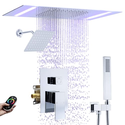Rain Shower Head System with 14x20 Inch Ceiling Mount LED Head & 6 Inch Wall Head and Handheld Shower 3 Way Pressure Balance Valve Kit,Polished Chrome - color: Polished Chrome, style: 14x20 inch+6inch