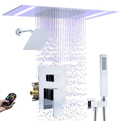 Rain Shower Head System with 14x20 Inch Ceiling Mount LED Head & 6 Inch Wall Head and Handheld Shower 3 Way Pressure Balance Valve Kit,Polished Chrome - color: Polished Chrome, style: 14x20 inch+6inch