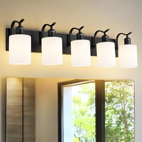 5 Light Bathroom Vanity Light, Morden Black Vanity Light Bathroom Lighting Fixtures Over Mirror Black Wall Sconces with Milky White Frosted Shade ZCVL01BKW-5 - color: Black & Milk Glass, size: 5 LIGHT