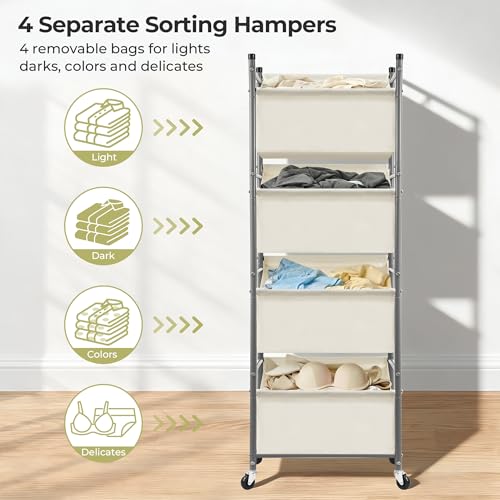 180L 4-Tier Rolling Laundry Hamper with Easy Access Removable Bag, Vertical Laundry Sorter Cart with Wheels & Brakes for Small Spaces, Dorm, Bedroom, Bathroom, Laundry Room, Beige