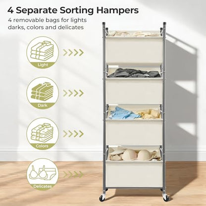 180L 4-Tier Rolling Laundry Hamper with Easy Access Removable Bag, Vertical Laundry Sorter Cart with Wheels & Brakes for Small Spaces, Dorm, Bedroom, Bathroom, Laundry Room, Beige