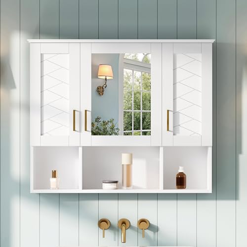 Marzzi Wall Mount Bathroom Medicine Cabinet with Mirror and Open Space | 35" x 28" Mirrored Door Over Toilet Vanity Storage Cabinet Organizer, Adjustable Shelves, Bathroom Wall Cabinet with Mirror - color: White, size: 35"