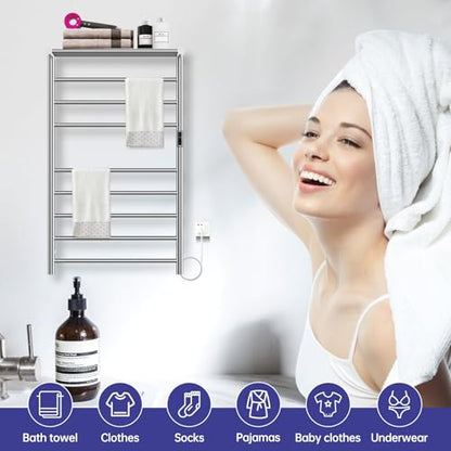Heated Towel Racks for Bathroom, 11Bar Electric Towel Warmer Rack with Shelf & 2 Hooks, Wall-Mounted Time Setting and Temperature Control Heated Drying Rack for Home, Salon, Spa (Silver - color: Sliver
