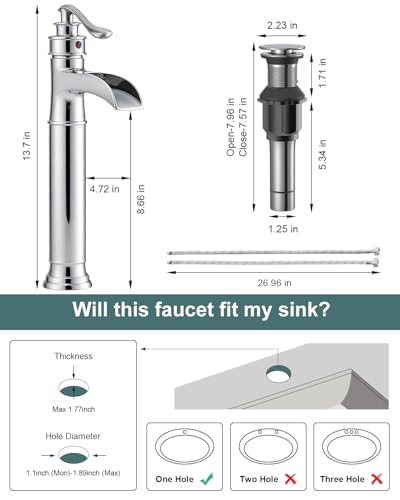 BWE Vessel Sink Faucet Chrome Polished Waterfall Spout Tall Body 1 Hole | Tall Bathroom Faucets with Pop Up Drain Assembly Without Overflow Supply Lines Lavatory Vanity Faucets Commercial - color: Chrome