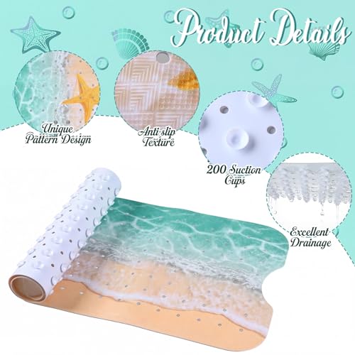 Breling Summer Beach Bathtub Mat Non Slip, 40 x 16 Inch Tub Mat for Bathroom, Starfish Bath Tub Shower Mats with Drain Holes and Suction Cups, Beach Ocean Themed Coastal Bathroom Decor - style: Art Deco