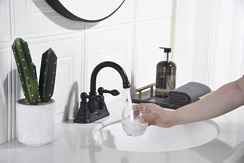 Matte Black 4 Inch Centerset Bathroom Sink Faucet 3 Hole with Pop up Drain | Derengge High Arc Classic 2-Handle Bathroom Faucet, Vanity Lavatory Faucet with 360° Swivel Spout，F-4501-MT - color: Matte Black