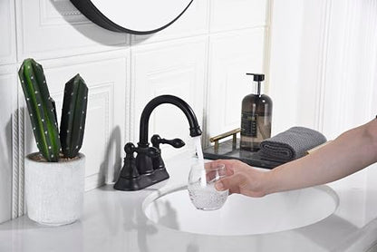 Matte Black 4 Inch Centerset Bathroom Sink Faucet 3 Hole with Pop up Drain | Derengge High Arc Classic 2-Handle Bathroom Faucet, Vanity Lavatory Faucet with 360° Swivel Spout，F-4501-MT - color: Matte Black