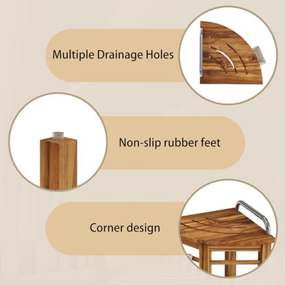 Kiasthome Teak Corner Shower Bench, Waterproof Bathroom Teak Shower Bench, Sturdy Non-Slip Bath Shower Foot Stool for Shaving Legs with Storage Baskets and Shelves - size: Large