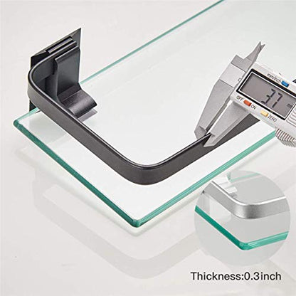 Glass Bathroom Shelf with Towel Bar 15.7in Bathroom Wall Shelves Rustproof Metal Bathroom Wall Organizer 2-Tier (Black) - style: 2 tier with towel bar black