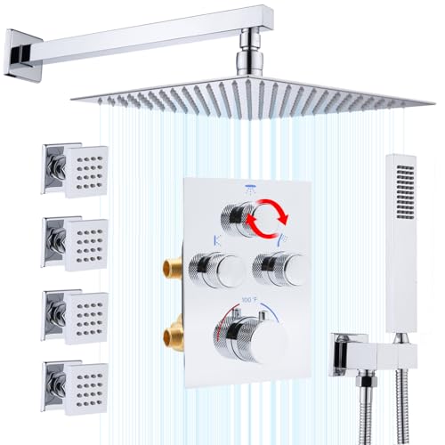 Rain Shower System,12 Inch Wall Mounted Rain Shower Head with Body Jets and Handheld Shower, Push Button Thermostatic Shower Faucet Set, Can Use all Options at a Time, Polished chrome - color: Polished Chrome, style: 12inch+4 body jets