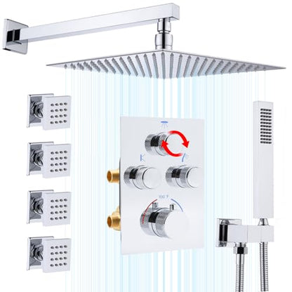 Rain Shower System,12 Inch Wall Mounted Rain Shower Head with Body Jets and Handheld Shower, Push Button Thermostatic Shower Faucet Set, Can Use all Options at a Time, Polished chrome - color: Polished Chrome, style: 12inch+4 body jets