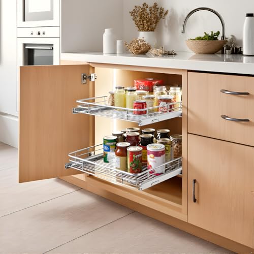 Cabinet Pull Out Shelves 17" W x 21" D, Chrome | Slide Out Cabinet Organizer, Heavy-Gauge Wire Storage Drawer, Ball-Bearing Glides, 100 Lb Capacity, Min 18" Cabinet Opening - size: 17" W x 21" D