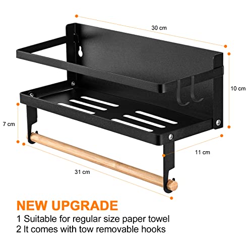 Spice Rack Magnetic Shelf, Foldable Refrigerator Magnetic Spice Holder, Wall Mounted Seasoning Organizer Hanging Spice Storage Stand with Paper Towel Holder Roll & Hooks - color: Black