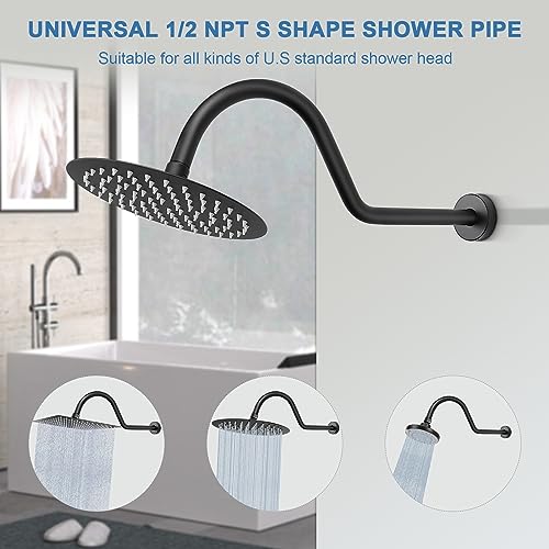 S Shaped Shower Arm, High Rise Shower Head Extension Pipe Standard 1/2" Connection with Flange, Awesome Shower Experience-Stainless Steel Bathroom Accessory(16 Inch J-S Shape, Matte Black) - color: Matte Black, style: 16" J Shape