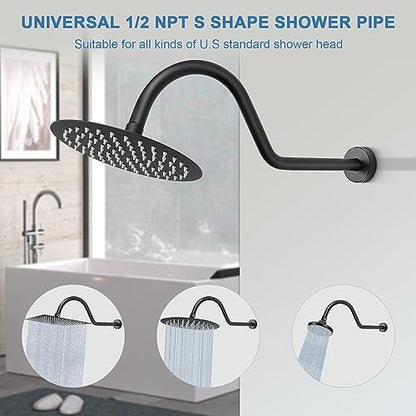 S Shaped Shower Arm, High Rise Shower Head Extension Pipe Standard 1/2" Connection with Flange, Awesome Shower Experience-Stainless Steel Bathroom Accessory(16 Inch J-S Shape, Matte Black) - color: Matte Black, style: 16" J Shape