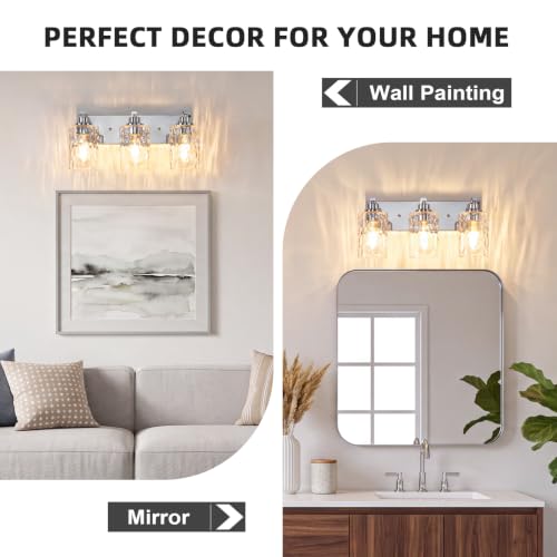 3-Light Bathroom Light Fixtures Modern Chrome Vanity Lights | Easy to Install Clear Hammered Glass Shades, Rippled Glow, Wall Mount Up or Down, E26 Socket, Hardwired, 120V - color: Chrome Hammer, size: 3 Lights