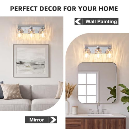 3-Light Bathroom Light Fixtures Modern Chrome Vanity Lights | Easy to Install Clear Hammered Glass Shades, Rippled Glow, Wall Mount Up or Down, E26 Socket, Hardwired, 120V - color: Chrome Hammer, size: 3 Lights